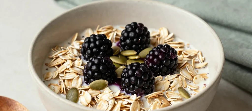 Five Minute Warm Oats with Stewed Berries and Toasted Seeds
