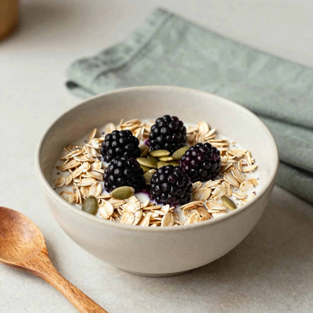 Five Minute Warm Oats with Stewed Berries and Toasted Seeds